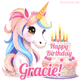 An adorable animated unicorn with soft pastel colors sits beside a birthday cake with glowing candles, and a pink 'Happy Birthday Gracie!' words.