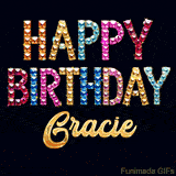 Vibrant luxury birthday greeting card for Gracie, showing glittering gemstone letters and golden calligraphy on a dark background with twinkling shine effects.