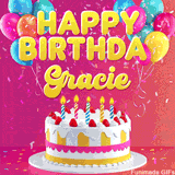 Pink-themed animated greeting with balloons, confetti, and a frosted cake under the message 'Happy Birthday Gracie' in bold rounded yellow font.