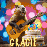 Animated birthday GIF showing a capybara playing guitar and singing beside a birthday cake with the name Gracie in large letters and colorful bokeh lights in the background.