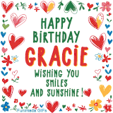 A colorful animated card for Gracie’s birthday featuring playful hearts, cheerful flowers, and a handwritten message wishing smiles and sunshine.