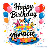 An animated birthday card for Gracie. It features a festive cake with her name, 'Gracie', and colorful butterflies. Floating balloons and hearts complete the joyful scene.