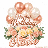 Pastel metallic balloons and rose bouquet Happy Birthday Gracie GIF