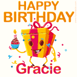 A vibrant and funny gift box character with a happy face dancing with a cupcake and the text 'Happy Birthday Gracie,' surrounded by animated confetti and party vibes.