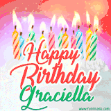 Bright birthday candles with rainbow flames on a cake, alongside the text 'Happy Birthday Graciella' in vibrant script in this celebratory animated GIF.
