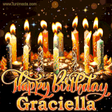 A glowing personalized birthday GIF with name Graciella featuring lit candles with intricate designs, warm lighting, and the text 'Happy Birthday' in an elegant font.