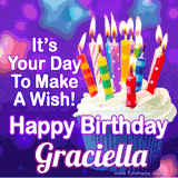 A colorful birthday GIF for Graciella featuring a cupcake with vibrant lit candles and the text 'It's Your Day to Make a Wish! Happy Birthday Graciella' in bold letters on a festive purple background.