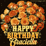 Animated bouquet of orange roses with moving butterfles and golden 'Happy Birthday Graciella' text, surrounded by sparkling accents and a dark backdrop for a luxurious feel.