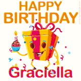 A vibrant and funny gift box character with a happy face dancing with a cupcake and the text 'Happy Birthday Graciella,' surrounded by animated confetti and party vibes.