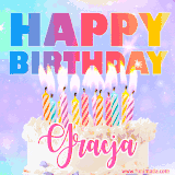 A vibrant animated name GIF with the words 'Happy Birthday Gracja' with colorful candles on a creamy cake. The background sparkles with pastel shades, adding a festive touch.