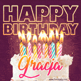 A colorful birthday cake topped with lit candles, with the words 'Happy Birthday Gracja' in bold glowing letters on a burgundy background. Animated flames add a festive touch.