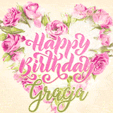 A stunning heart made of pink roses surrounds the elegant script text 'Happy Birthday Gracja' on a soft beige background. Animated sparkles add a magical and festive feel.