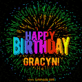 A colorful animated GIF featuring the text 'Happy Birthday Gracyn!' in rainbow colors with a dynamic iridescent firework display in the background.