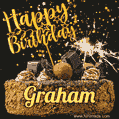 Celebrate Graham's birthday with a GIF featuring chocolate cake, a lit sparkler, and golden stars
