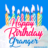 A cheerful animated GIF featuring colorful lit birthday candles on a white cake, with the text 'Happy Birthday Granger' in bold red and blue script on a bright blue background.