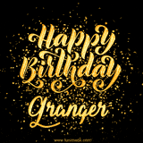 Animated GIF with colorful, festive 'Happy Birthday Granger' text decorated with patterns, a party hat, and falling confetti. A vibrant and cheerful design for birthday celebrations.