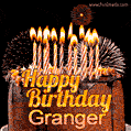 A rich chocolate cake topped with glowing birthday candles and surrounded by bright fireworks. The animated GIF displays the message 'Happy Birthday Granger' in golden text.