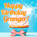 A cheerful animated GIF of a cupcake with creamy frosting, a red checkered ribbon, and a bright sparkler on top. The text 'Happy Birthday Granger!' is displayed in vibrant orange and red.