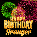 A captivating GIF with bursts of green, pink, and orange fireworks lighting up the night sky, accompanied by 'Happy Birthday Granger' in glowing golden text.