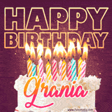 A colorful birthday cake topped with lit candles, with the words 'Happy Birthday Grania' in bold glowing letters on a burgundy background. Animated flames add a festive touch.