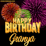 A golden 'Happy Birthday Granya' message with vibrant fireworks in the background, creating a festive and celebratory vibe in this animated name GIF.