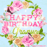 A charming animated GIF featuring 'Happy Birthday Granya' in pink and green text, surrounded by delicate roses, leaves, and fluttering butterflies on a soft light blue pastel background.