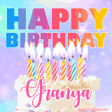 A vibrant animated name GIF with the words 'Happy Birthday Granya' with colorful candles on a creamy cake. The background sparkles with pastel shades, adding a festive touch.