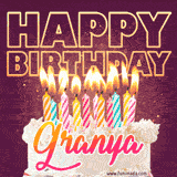 A colorful birthday cake topped with lit candles, with the words 'Happy Birthday Granya' in bold glowing letters on a burgundy background. Animated flames add a festive touch.