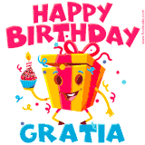 A vibrant and funny gift box character with a happy face dancing with a cupcake and the text 'Happy Birthday Gratia,' surrounded by animated confetti and party vibes.