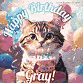 Happy birthday gif for Gray with cat and cake