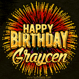 Golden 'Happy Birthday Graycen' text accompanied by animated rainbow fireworks for a festive animated greeting.