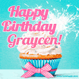 A festive cupcake with pink icing, a gingham bow, and a lit animated sparkler, paired with 'Happy Birthday Graycen!' in bright pink text.
