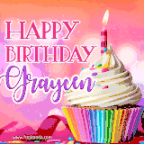 A vibrant birthday GIF featuring a rainbow-colored cupcake topped with white frosting, sprinkles, and a lit candle. The text reads 'Happy Birthday Graycen' in bold pink and violet letters with white outline.
