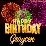 A golden 'Happy Birthday Graycen' message with vibrant fireworks in the background, creating a festive and celebratory vibe in this animated name GIF.