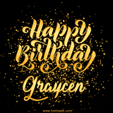 Animated GIF with colorful, festive 'Happy Birthday Graycen' text decorated with patterns, a party hat, and falling confetti. A vibrant and cheerful design for birthday celebrations.
