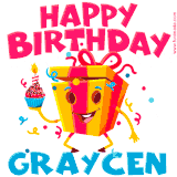 A funny animated birthday GIF with the words 'Happy Birthday Graycena', colorful gift box with arms and legs, holding a cupcake with a lit candle  with confetti everywhere.
