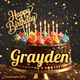An animated birthday card featuring a detailed chocolate cake under falling gold dust, personalized for Grayden.