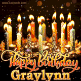A glowing personalized birthday GIF with name Graylynn featuring lit candles with intricate designs, warm lighting, and the text 'Happy Birthday' in an elegant font.