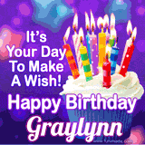 A colorful birthday GIF for Graylynn featuring a cupcake with vibrant lit candles and the text 'It's Your Day to Make a Wish! Happy Birthday Graylynn' in bold letters on a festive purple background.