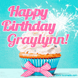 A festive cupcake with pink icing, a gingham bow, and a lit animated sparkler, paired with 'Happy Birthday Graylynn!' in bright pink text.