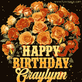 Animated bouquet of orange roses with moving butterfles and golden 'Happy Birthday Graylynn' text, surrounded by sparkling accents and a dark backdrop for a luxurious feel.