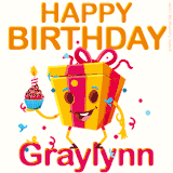 A vibrant and funny gift box character with a happy face dancing with a cupcake and the text 'Happy Birthday Graylynn,' surrounded by animated confetti and party vibes.