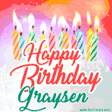 Bright birthday candles with rainbow flames on a cake, alongside the text 'Happy Birthday Graysen' in vibrant script in this celebratory animated GIF.