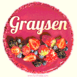 Beautifully decorated red velvet berry birthday cake with vibrant fruits and a glowing 'Graysen' name, adding a touch of sweetness and sparkle.