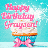 A festive cupcake with pink icing, a gingham bow, and a lit animated sparkler, paired with 'Happy Birthday Graysen!' in bright pink text.