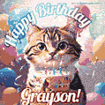Happy birthday gif for Grayson with cat and cake