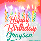 Bright birthday candles with rainbow flames on a cake, alongside the text 'Happy Birthday Grayson' in vibrant script in this celebratory animated GIF.