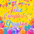 A bright and festive GIF with the text 'Feliz Cumpleaños Grayson' in Spanish in colorful fonts, surrounded by confetti, balloons, and festive banners on a vibrant yellow background.