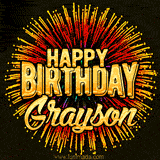 Golden 'Happy Birthday Grayson' text accompanied by animated rainbow fireworks for a festive animated greeting.