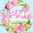 A charming animated GIF featuring 'Happy Birthday Grayson' in pink and green text, surrounded by delicate roses, leaves, and fluttering butterflies on a soft light blue pastel background.